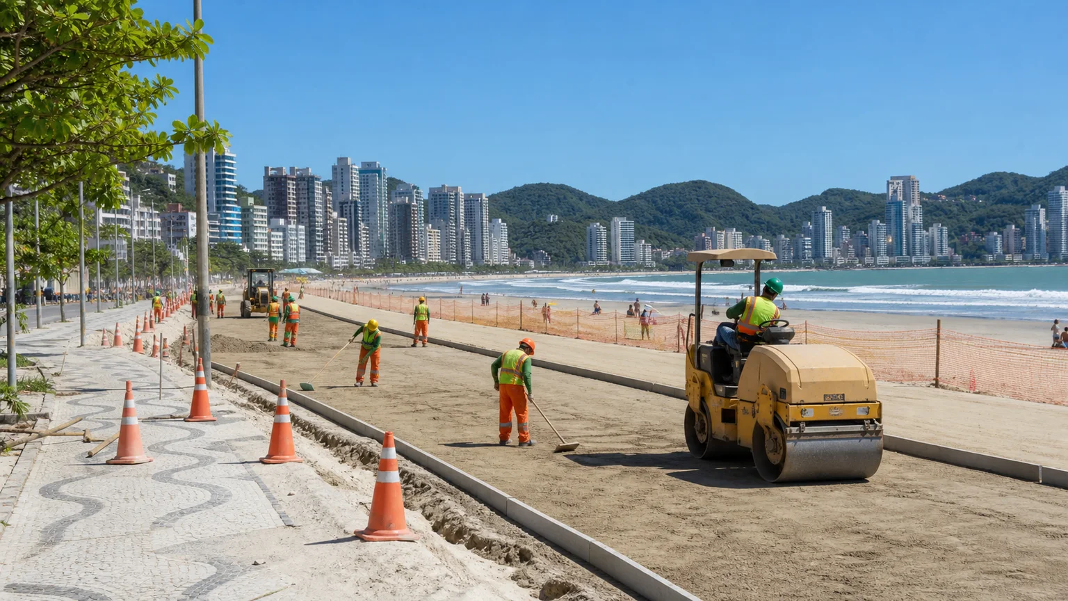 Imagen conceptual de la construcción de una nueva calle sobre la arena ampliada de Meia Praia