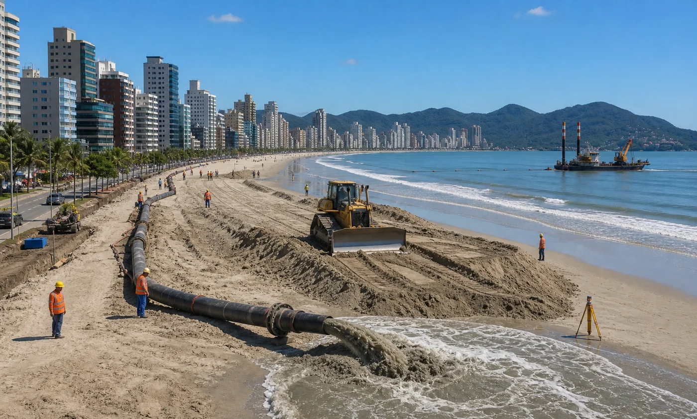 Imagen conceptual de una obra de dragado y relleno de arena en Meia Praia