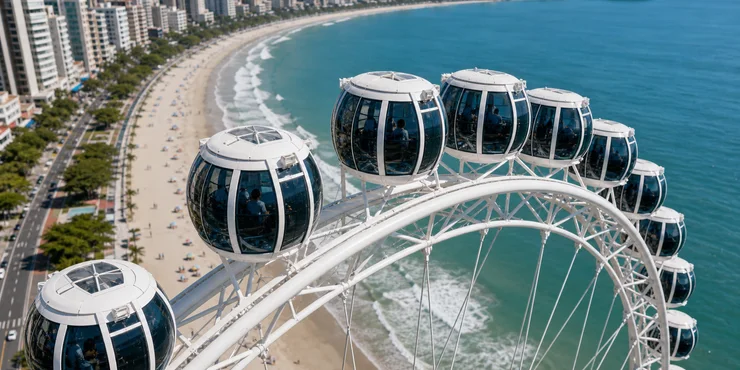 Cabinas superiores de la rueda gigante de Itapema vistas desde arriba con Meia Praia al fondo