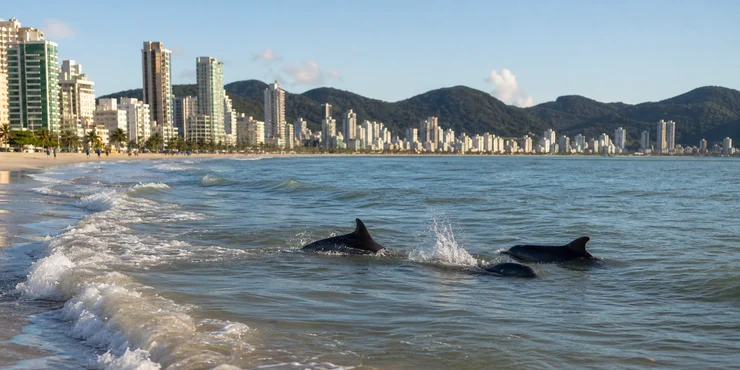 Delfines jugando cerca de la playa de Meia Praia en Itapema
