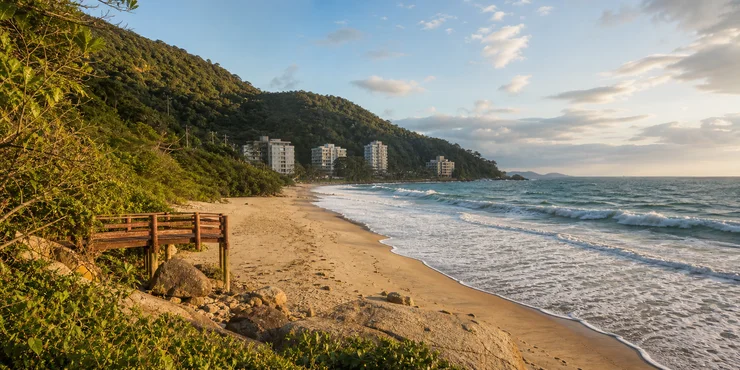 Praia da Ilhota en Itapema con mar abierto y vegetación