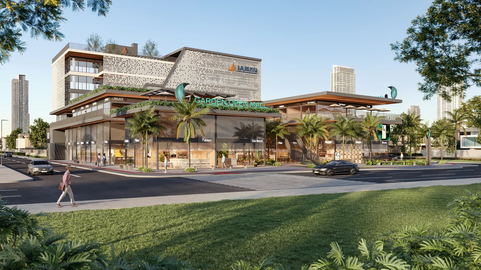 Render exterior del Garden Open Mall, futuro Shopping Meia Praia