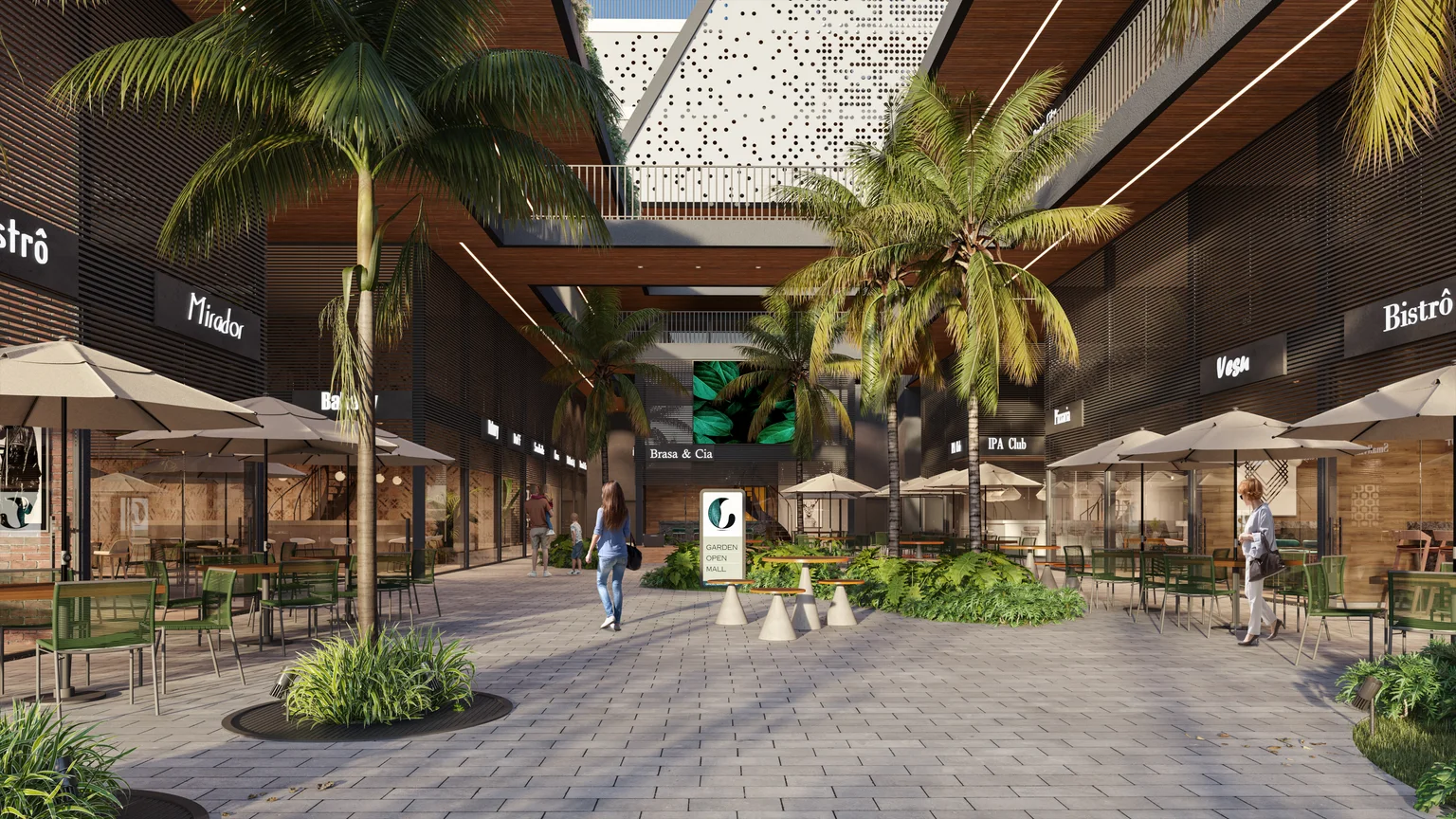 Render del paseo interno a cielo abierto del Garden Open Mall