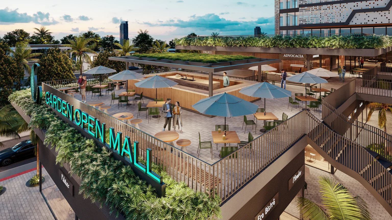 Render de la plaza y área gastronómica del Garden Open Mall