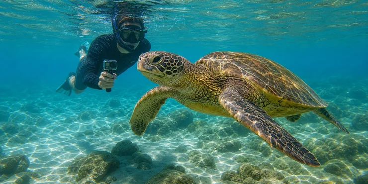 Tortuga marina nadando cerca de una persona haciendo snorkel en Bombinhas