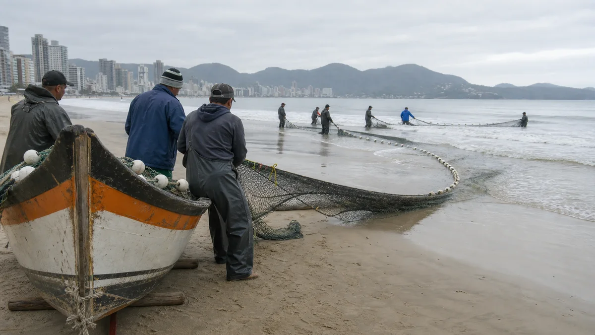 Pescadores artesanales trabajando con red y bote en la playa