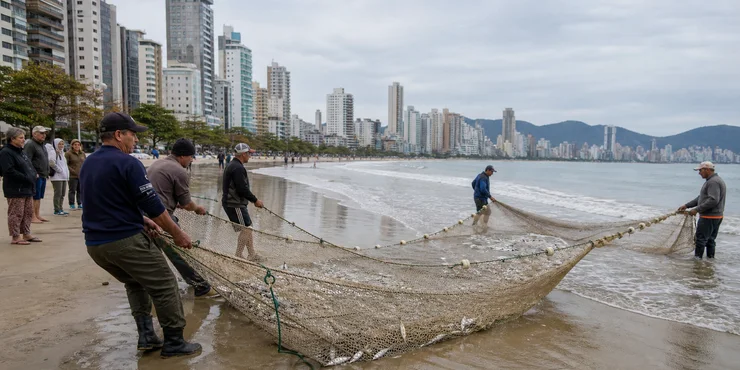 Pesca artesanal de tainha en una playa urbana de Itapema